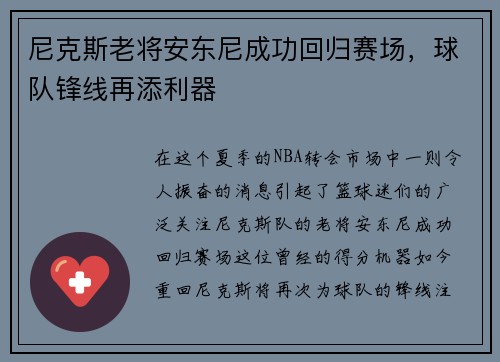 尼克斯老将安东尼成功回归赛场，球队锋线再添利器